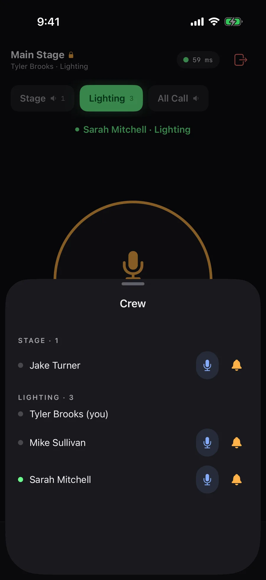 StageComms iPhone Crew list for Main Stage: people grouped by channel, Jake Turner on Stage, Tyler Brooks, Sarah Mitchell and Mike Sullivan on Lighting, each with private-talk and call buttons.