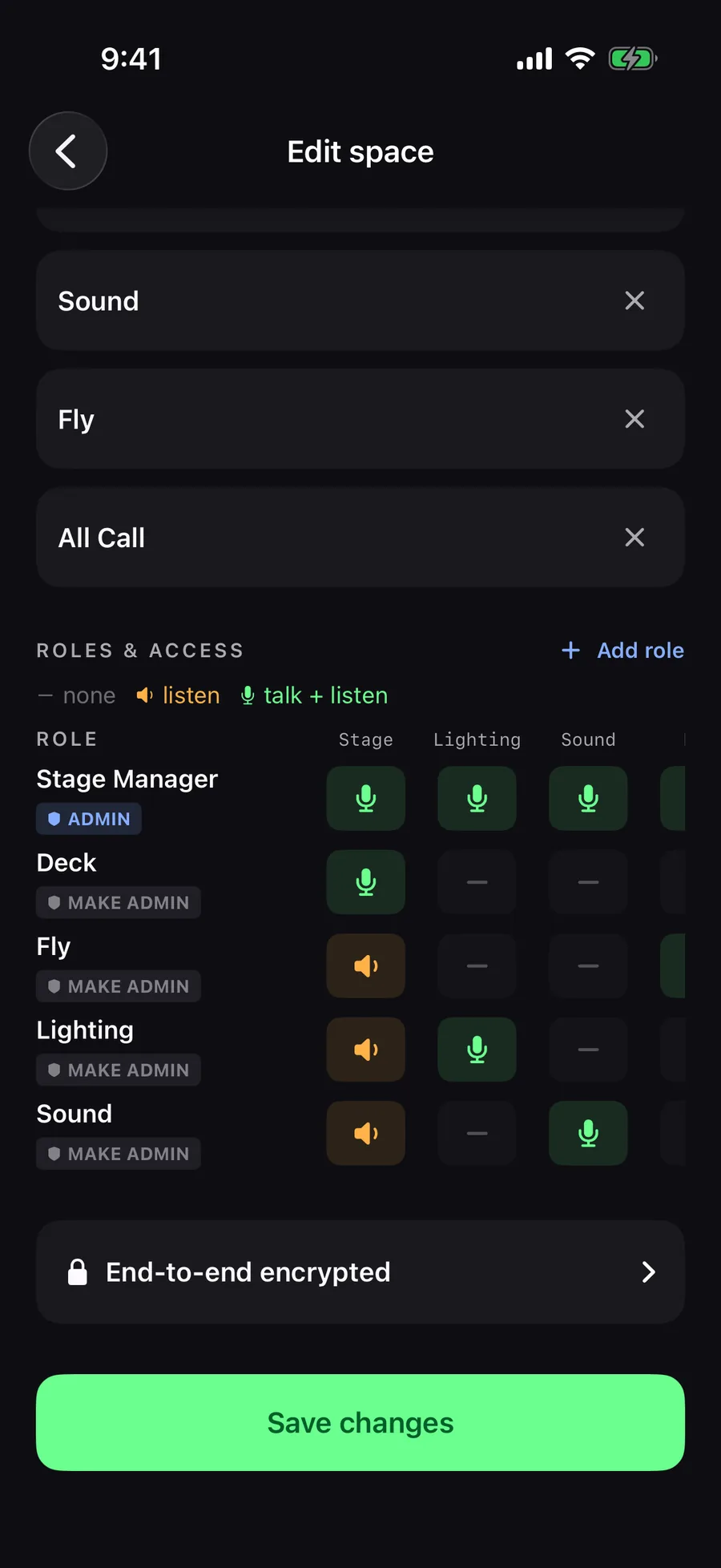 StageComms iPhone space editor: Roles & access grid with talk and listen permissions per role and channel.