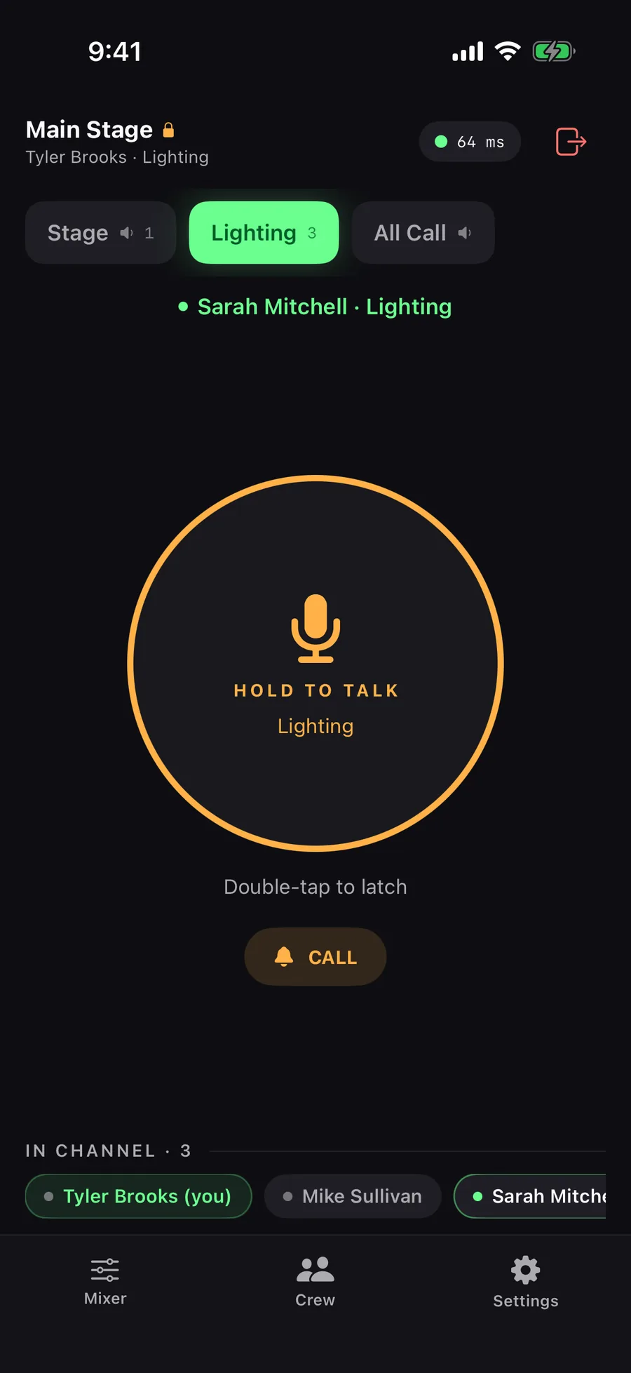 StageComms iPhone intercom as Tyler Brooks in Lighting: Stage, Lighting and All Call channels, Sarah Mitchell talking, hold-to-talk, and Tyler, Sarah and Mike Sullivan in channel.