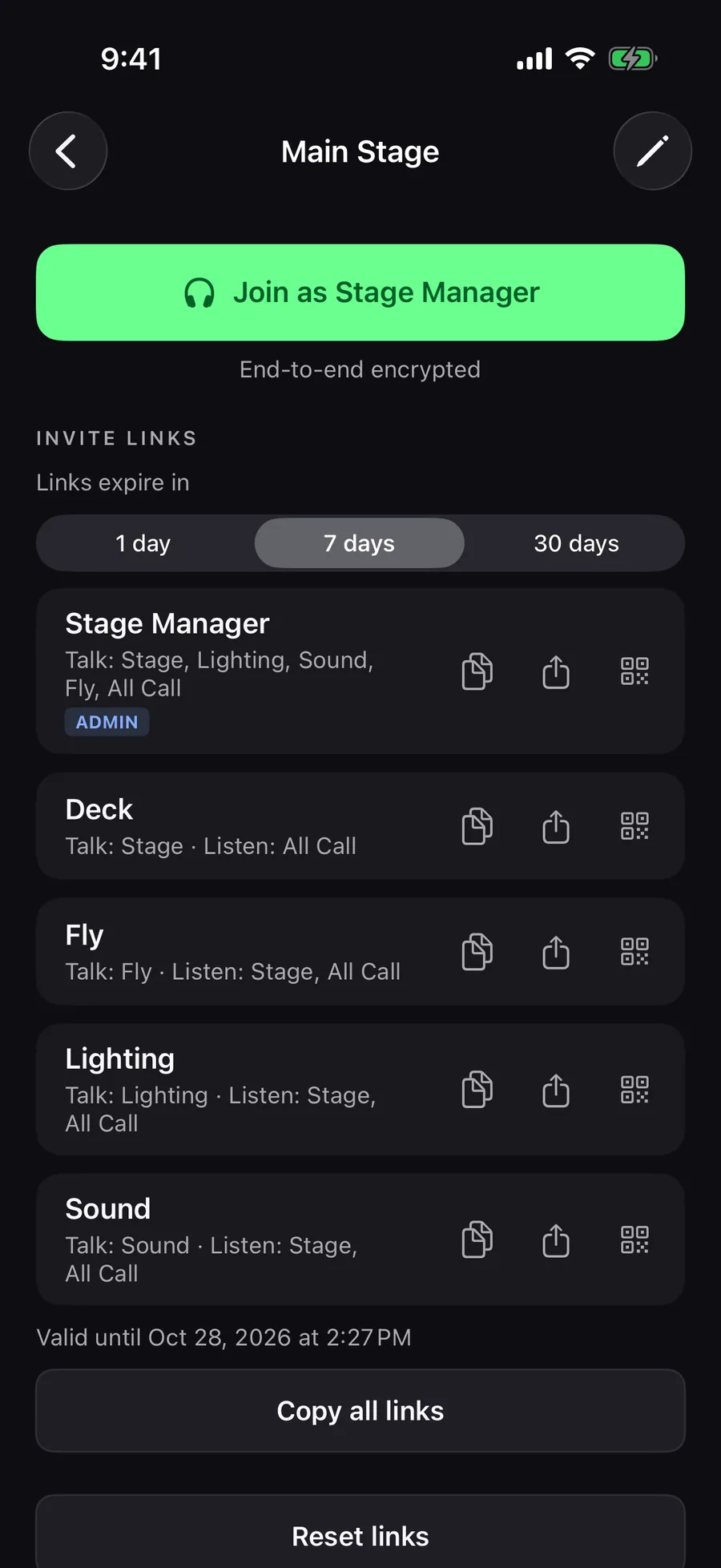 StageComms iPhone invite links for Main Stage: copy, share and QR controls per role, link validity and Copy all links.