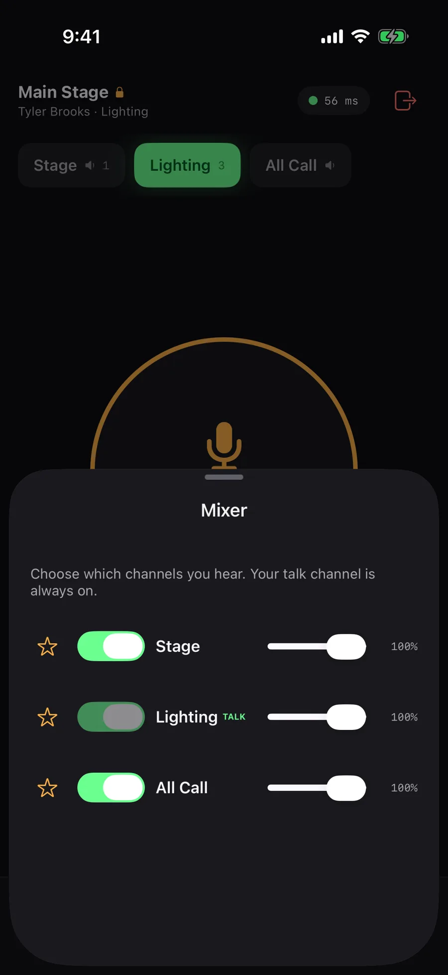 StageComms iPhone Mixer: listen switches and volume controls for each channel.